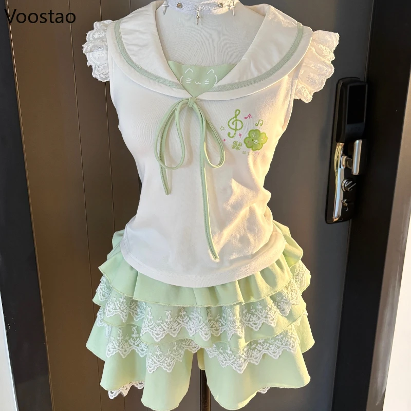 

Japanese Sweet Lolita 2 Piece Sets Women Cute Sailor Collar Cartoon Print Lace T-shirts Tops Cake Mini Skirts Kawaii Y2k Outfits