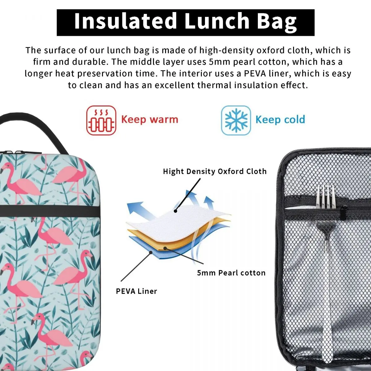 Flamingo Bird Flowers Insulated Lunch Bag for Work School Leakproof Cooler Thermal Bento Box Women Kids