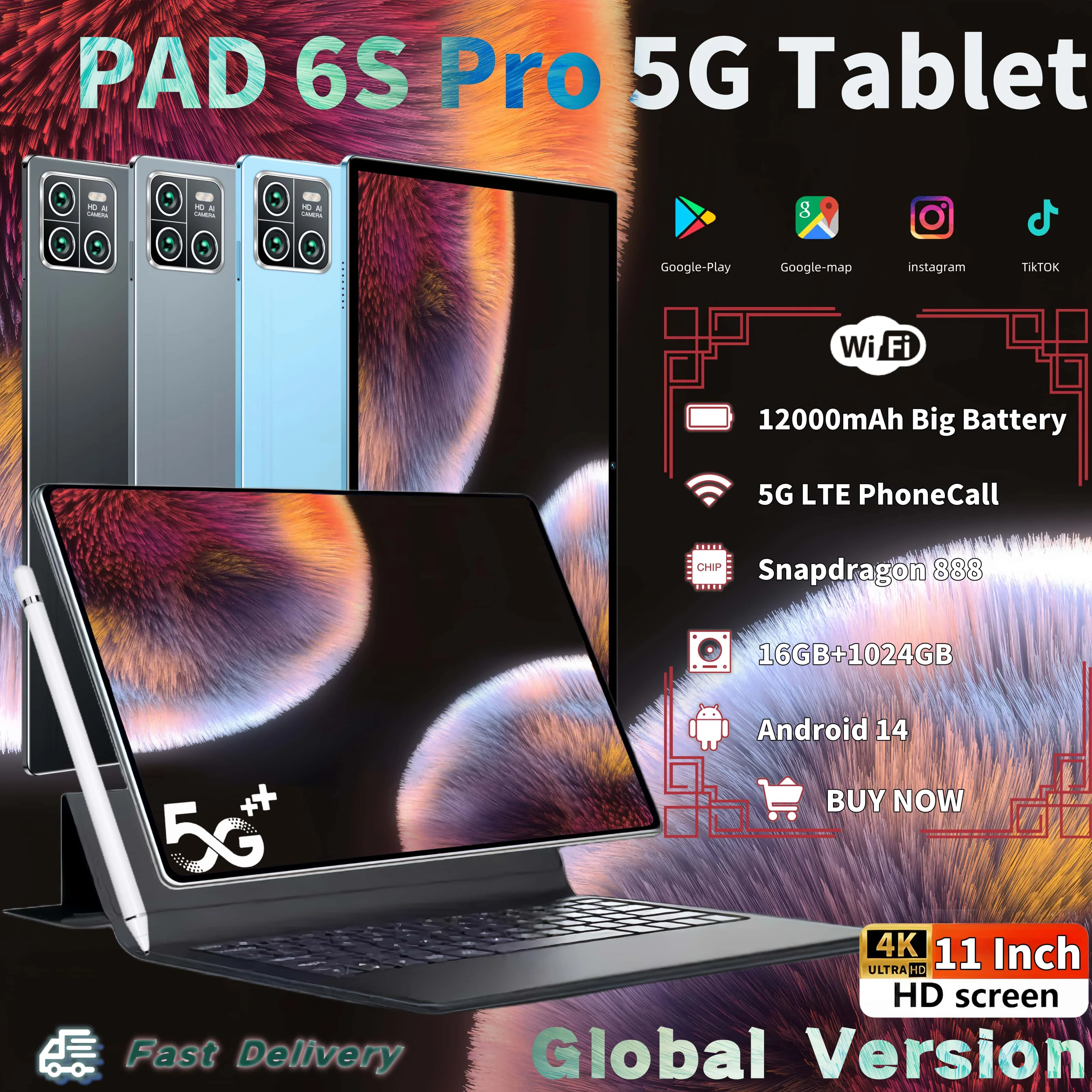 

2024 Original PAD 6S PRO Global Version 16+1TB Snapdrago 888 HD Tablet Android 14 12000mAh 11 Inch 5G Dual SIM WiFi Tablets PC