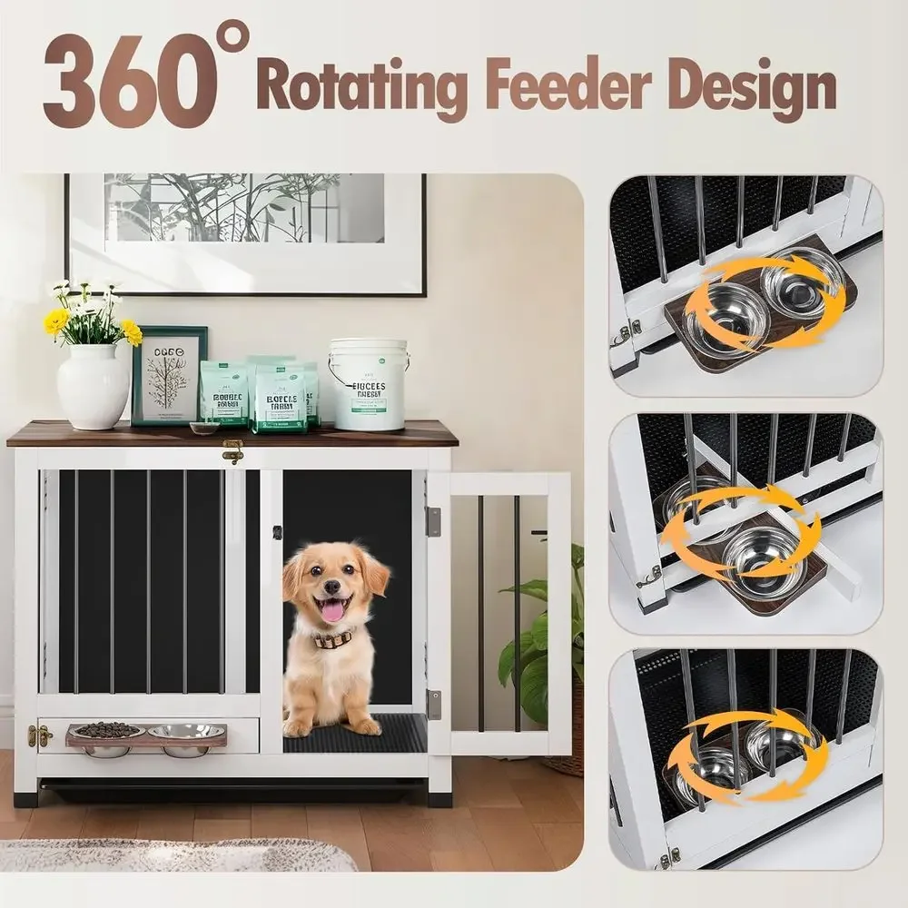 Wooden Dog Kennel with 360° Rotating Feeder, Removable Tray, and Multi-Functional End Table | Portable Pet Furniture for Medium
