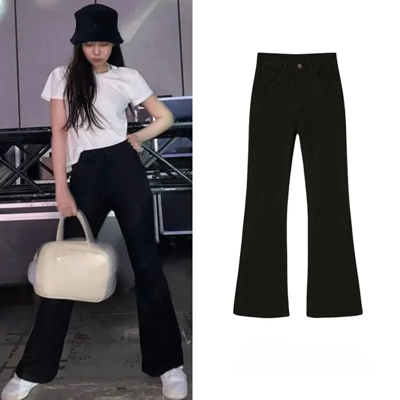 Kpop Korean Singers Women's Fashion High Waist Stretch Flared Jeans Vintage Casual Slim Streetwear Temperament Wide Leg Jeans