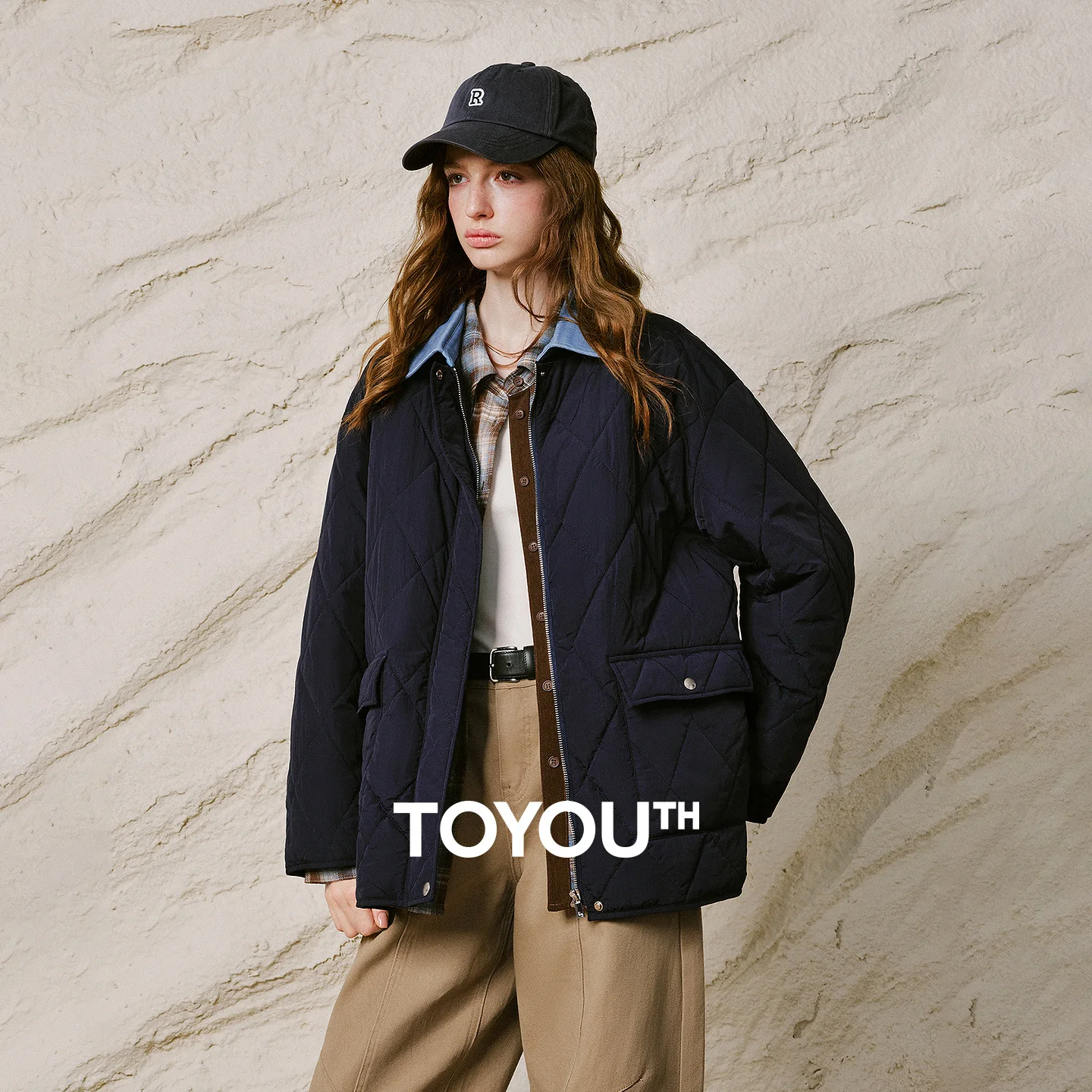 TOYOUTH Women Denim Spliced Collar Cotton Coat 2026 Winter New Navy Diamond Quilted Light Warm Big Pocket Outerwear