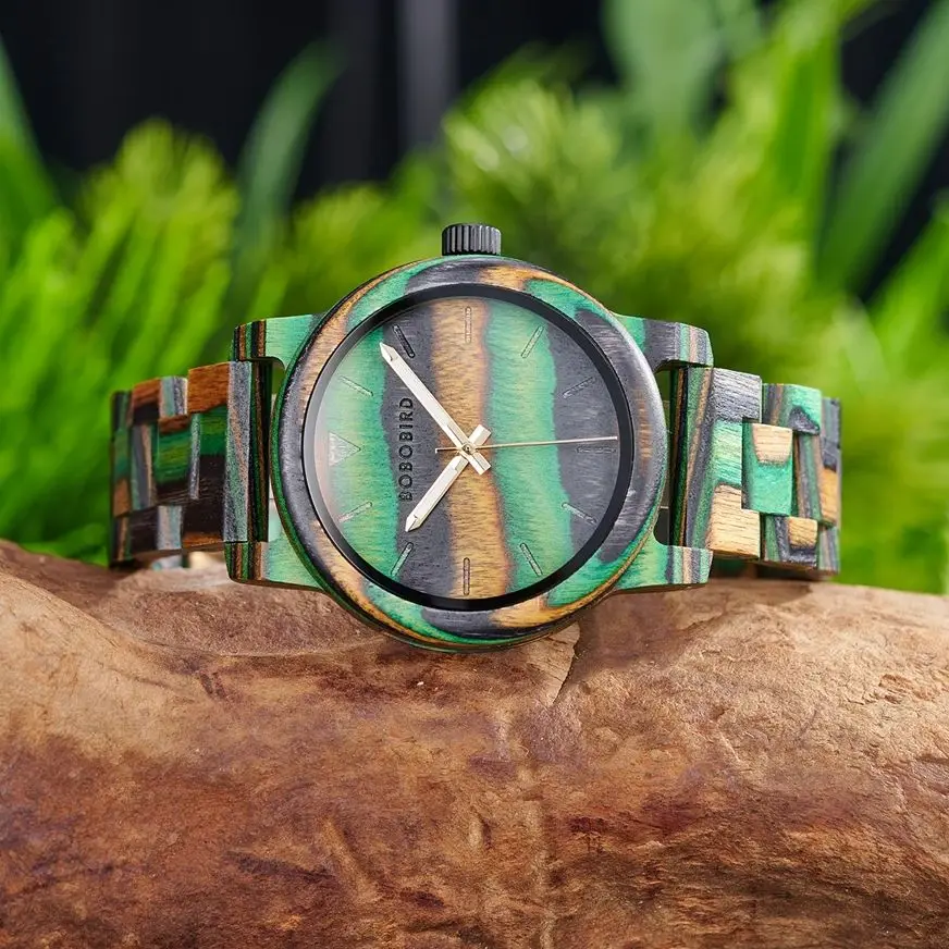 BOBO BIRD Bunte Holz Herrenuhr Japanisches Quarzwerk Armbanduhr Relogio Masculino Uhr Männlicher Zeitmesser Customized