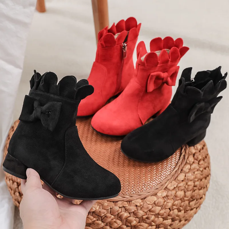 

Girl's Ankle Boots Elegant Edge Ruffled Kids Princess High-heeled Short Boots Fashion Catwalk Versatile Children Leather Boots