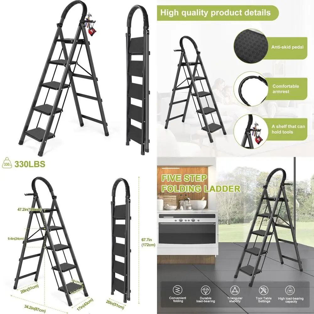 

sturdy folding step ladder with wide treads and anti-slip grips