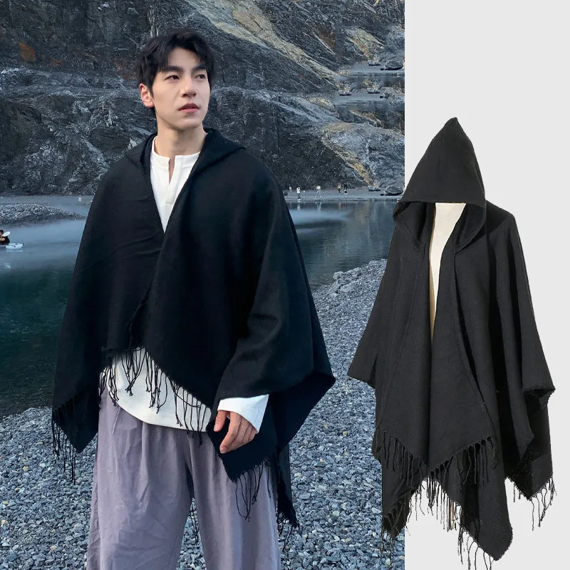 

Classic Pure Color Acrylic Cashmere Poncho Hood Cape Unisex Autumn Winter Wraps Thick Shawl Summer Travel Camping Cloak Long