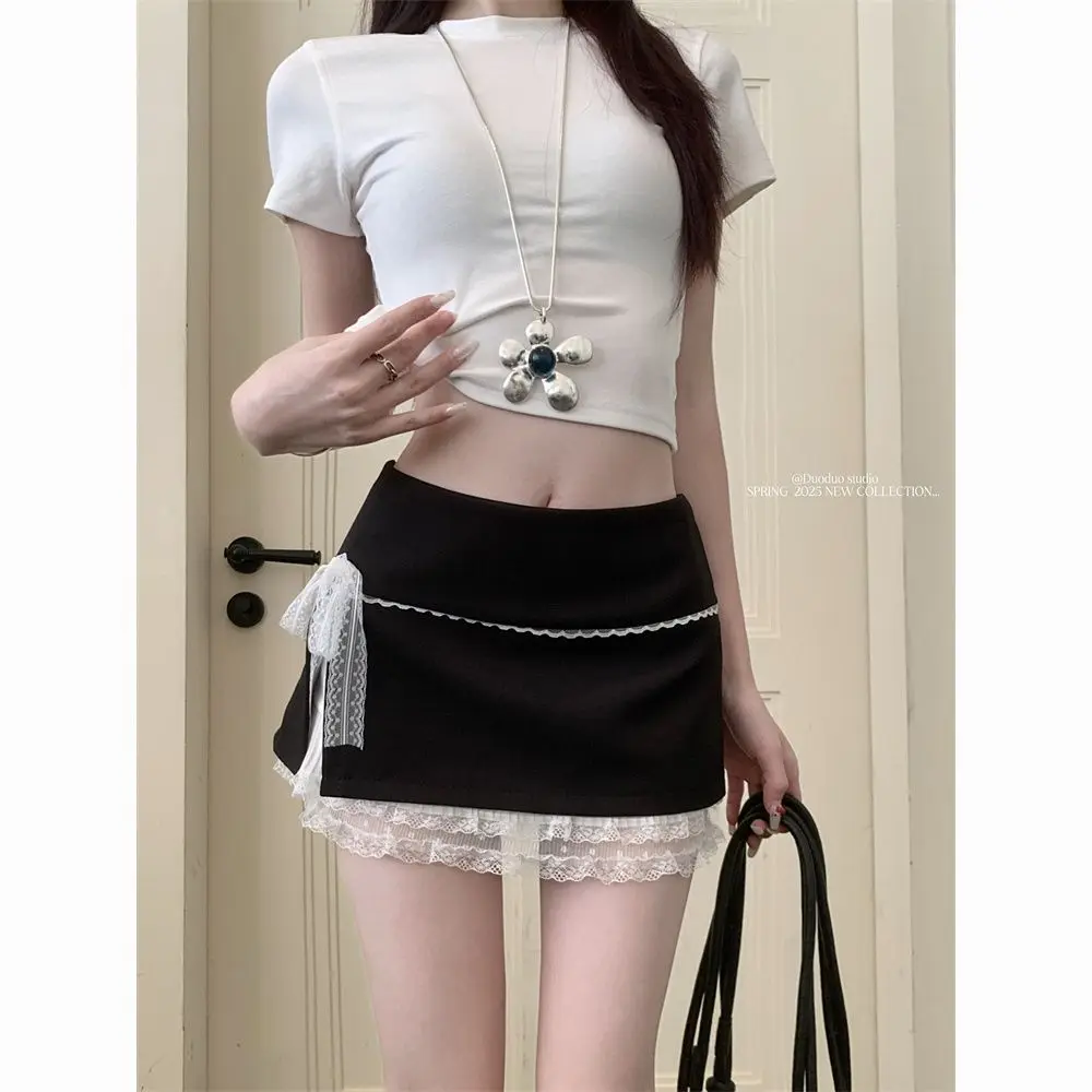 

Bow Lace Splicing Skirt Summer New Spice Girl High Waist Anti-light Skirt