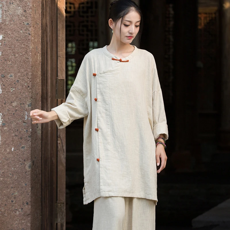 النمط الصيني المرأة القطن الكتان معاطف جديد وصول 2025 الخريف Vintage س الرقبة عادي اللون فضفاض الإناث سترات رجالي M1988