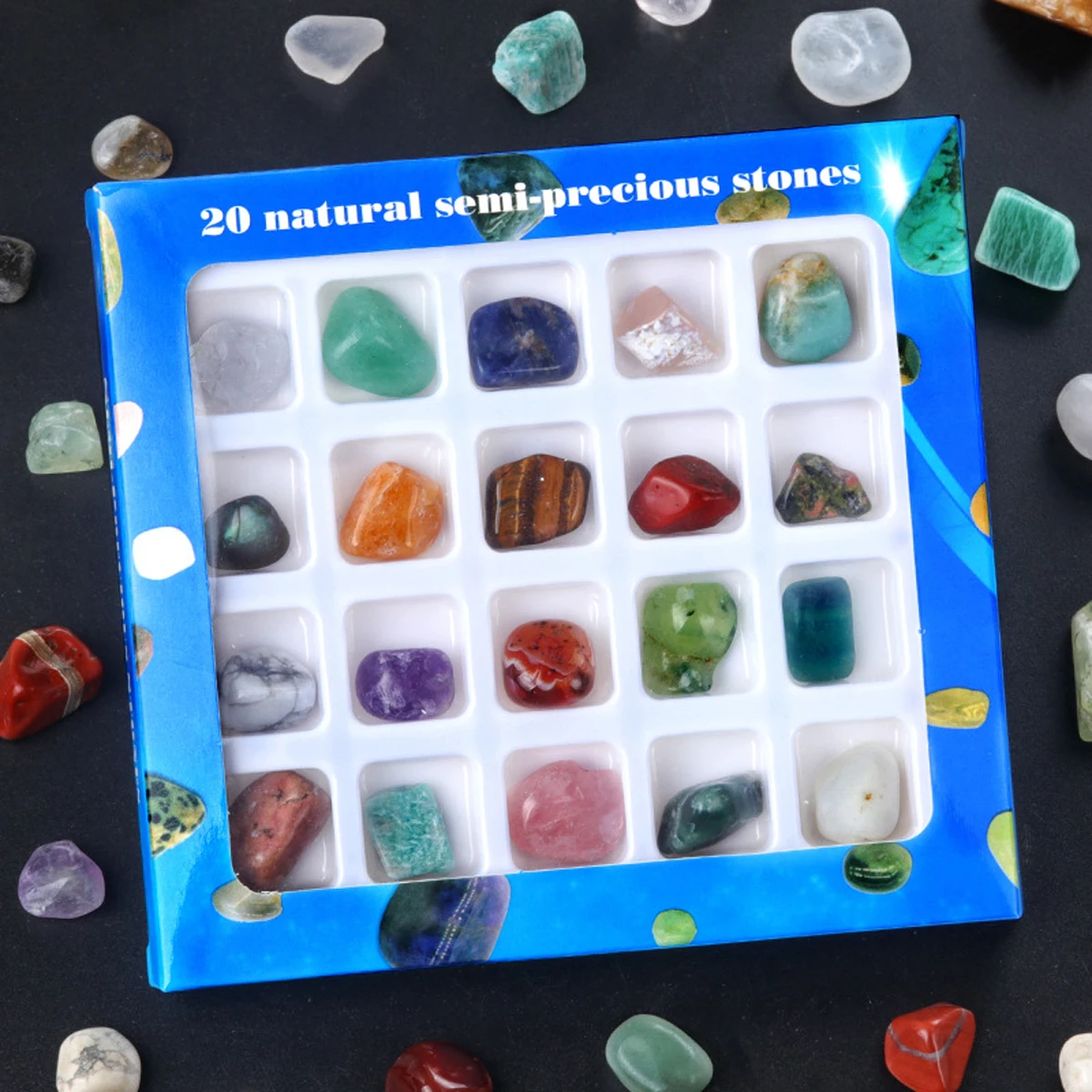 20pcs/set Square Box Crystal Chakra Healing Stones Crystals Set Irregular Gemstone Rose Quartz DIY Jewelry Sets Bedroom Decor