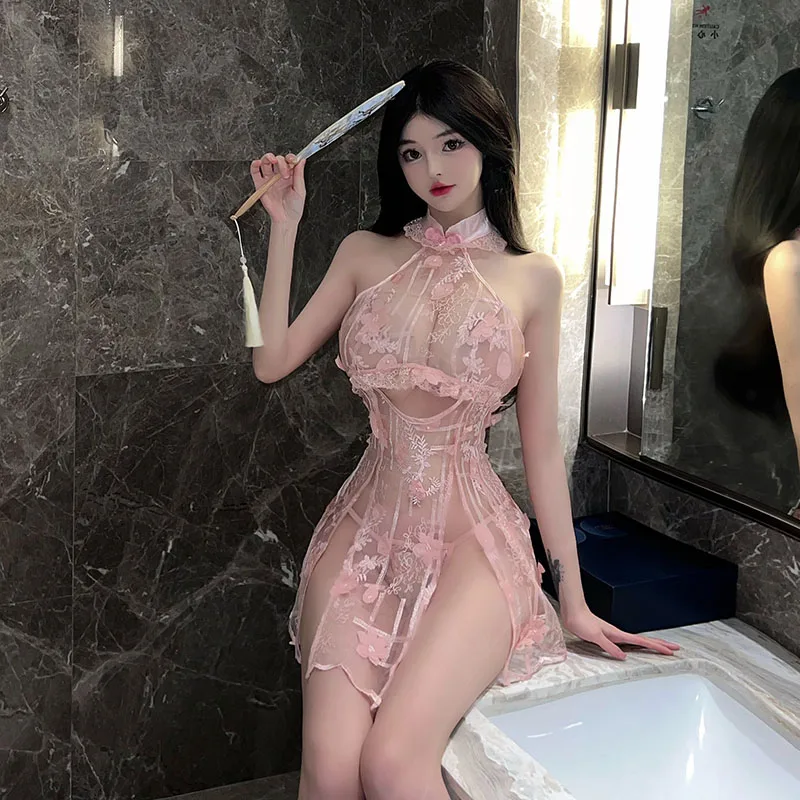 Sexy Lingerie Mesh See Through Cheongsam Lace Pink Exotic Dresses High Slit Pajamas Underwear Night Club Bed Wear Women Girls