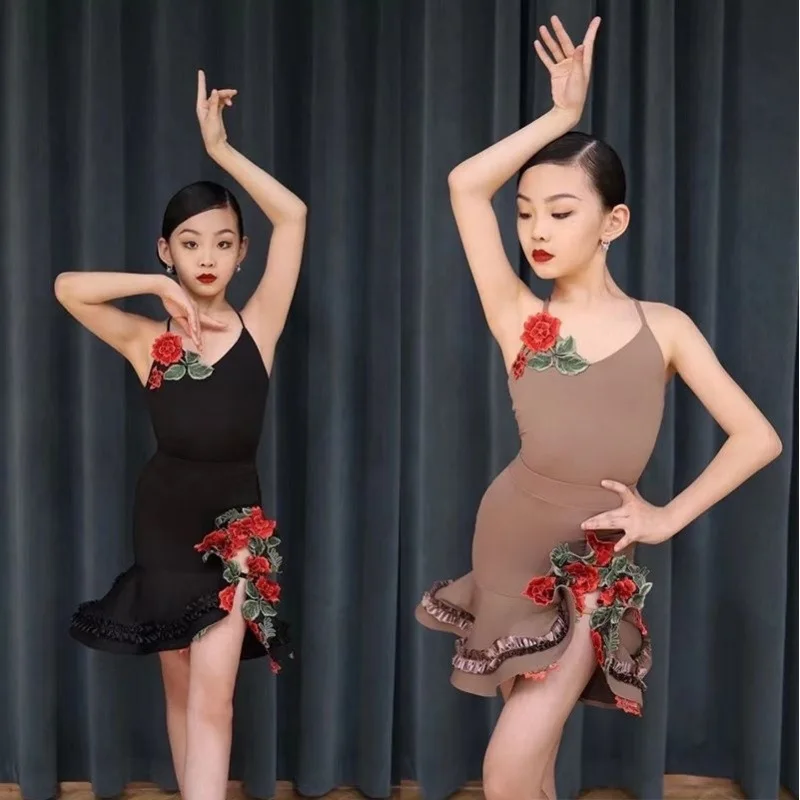 여아 프리미엄 라틴 댄스복 자수 장미 어린이 대회 의상 공연복 신상품
