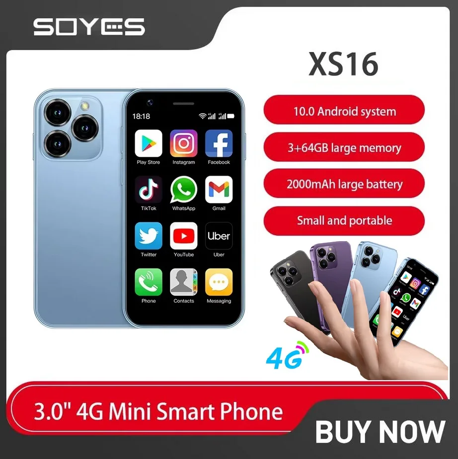 Soyes xs16 mini smartphone 3,0 zoll 4g lte 3gb ram 64gb rom android 10,0 quad core 2000mah typ c dual sim standby kleines telefon