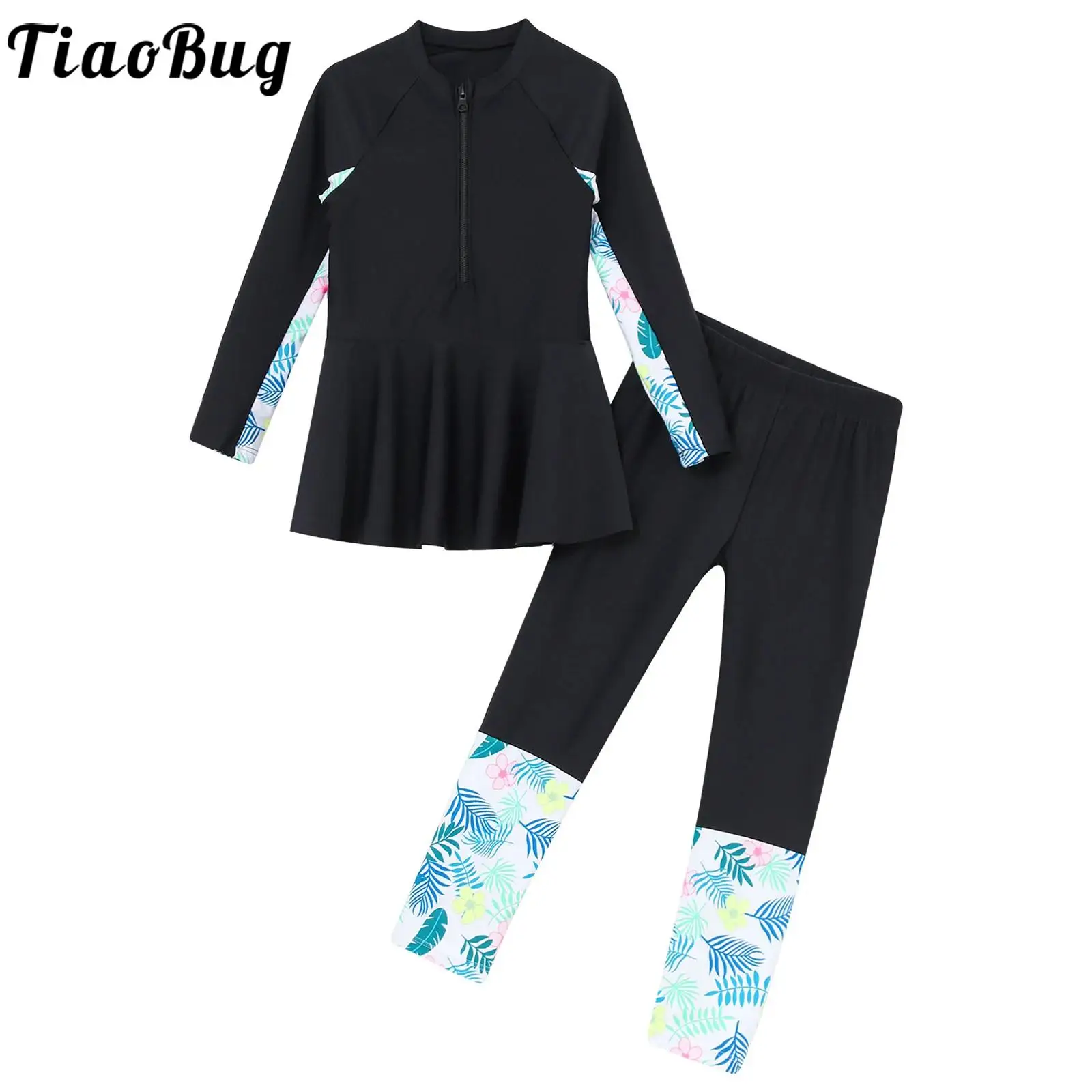 Kids Girls 2Pcs Floral Print Swimsuit Sun Protective Rashguard Set Long Sleeve Top And Pants Swimwear Beach Surfing Bathing Suit