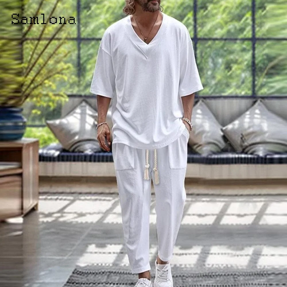 

Men Casual Daily Board Two Piece Sets 2025 Europe Style V-neck Tops and White Straight Pants Co-ords Male Beach Tracksuits Set