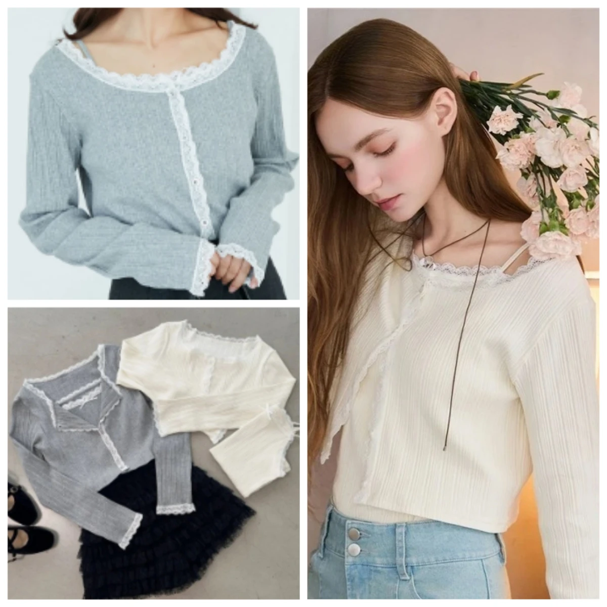 

Spring Autumn Knitted Cardigan New Japanese Style Fresh Sweet Camisole + Lace Round Neck Ribbed Cardigan Two-Piece Set