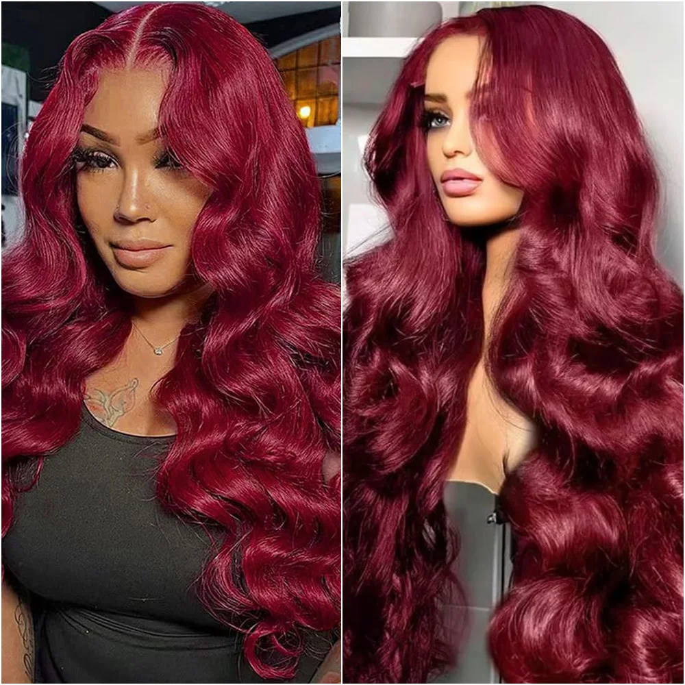 

Парик из натуральных волос Body Wave 30-40 дюймов, 13x6 HD Lace Frontal, 99J Бордовый, предварительно снятая линия роста волос, красный цвет, 13x4 Lace Front парик для женщин