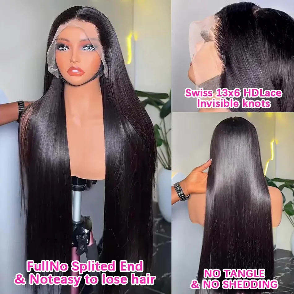 วิกผมตรงแบบลูกไม้ด้านหน้าขนาด 30-40 นิ้ว ผมตรงบราซิลแท้ วิกผมมนุษย์ 13x4 13x6 HD Lace Frontal สำหรับผู้หญิง