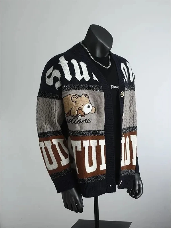 Fashionable Bear Print Knitted Sweater Jacket Men's Trendy Warmth Outerwear Patchwork Cartoon Design V-Neck Long Sleeve Cardigan