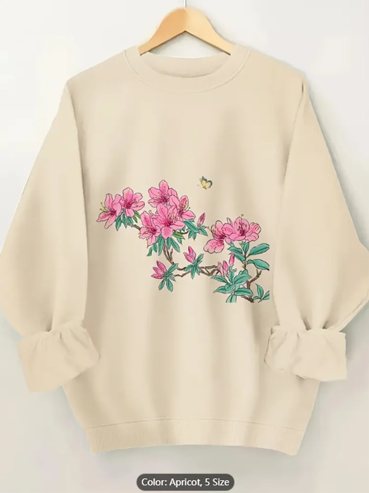 

Женская абрикосовая толстовка с розовым цветочным бабочкой и графическим принтом, повседневный пуловер большого размера, топ для любителей природы, чистый хлопок