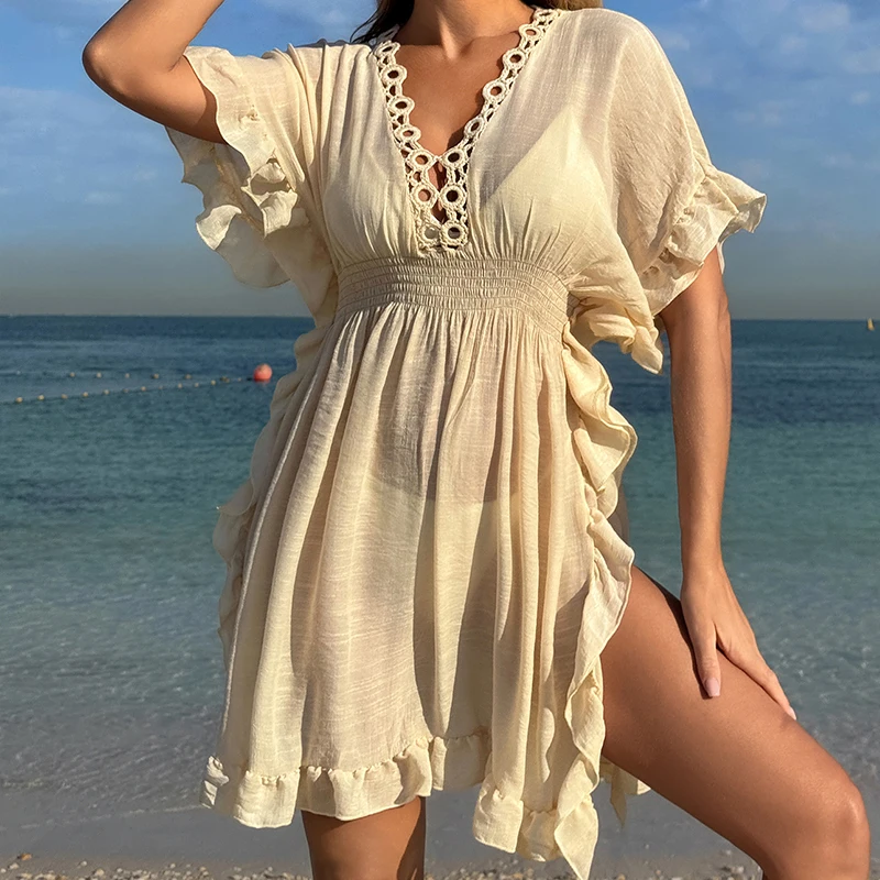 Neue Stil Leckage Taille Slip Kleid Stricken Aushöhlen Sexy Beachwear Cover Up Frauen Strand Sonnenbaden Sonnencreme Kurzes Kleid