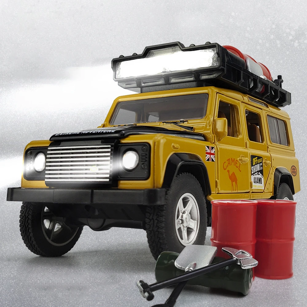 1:32 Land Rover Defender 110 CAMEL TROPHY Legering Model Auto Geluid en Licht Trek kinderen Speelgoed Collectibles verjaardagscadeau