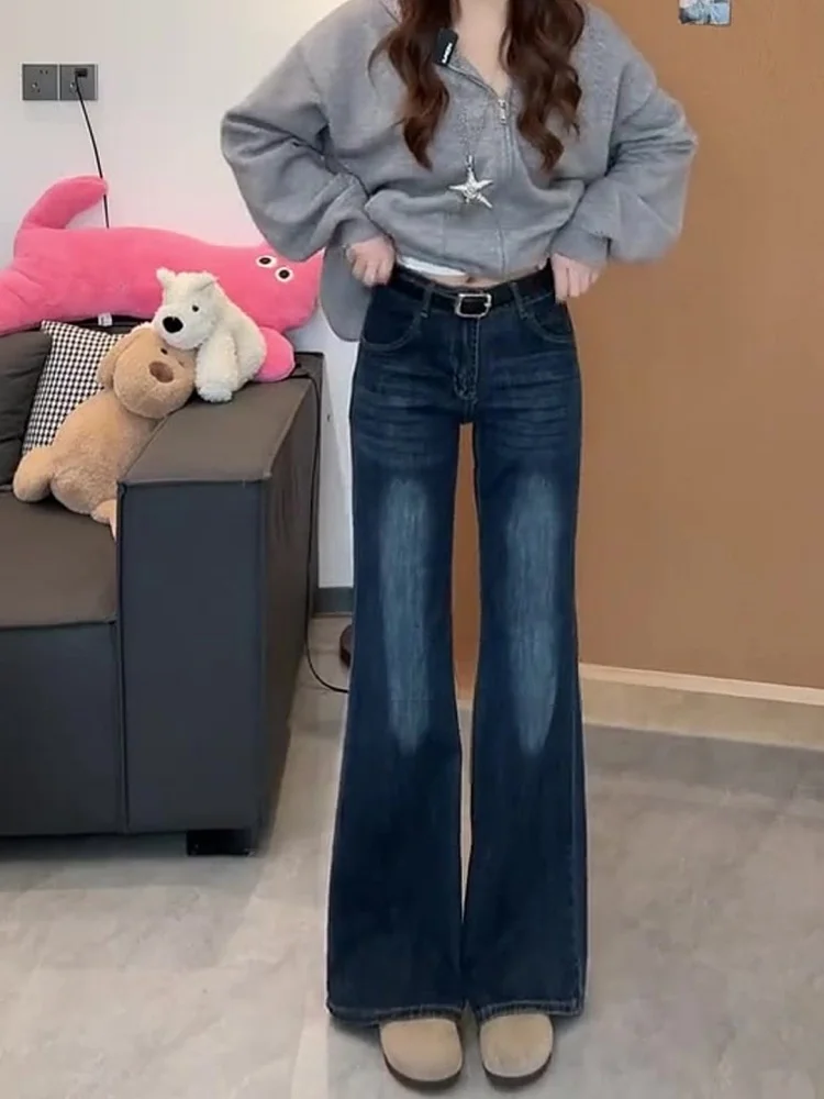 حجم كبير Fce اصطف Thiened مايكرو متوهج الدينيم الجينز المرأة عالية الخصر مستقيم الساق بنطال ذو قصة أرجل واسعة لباس غير رسمي