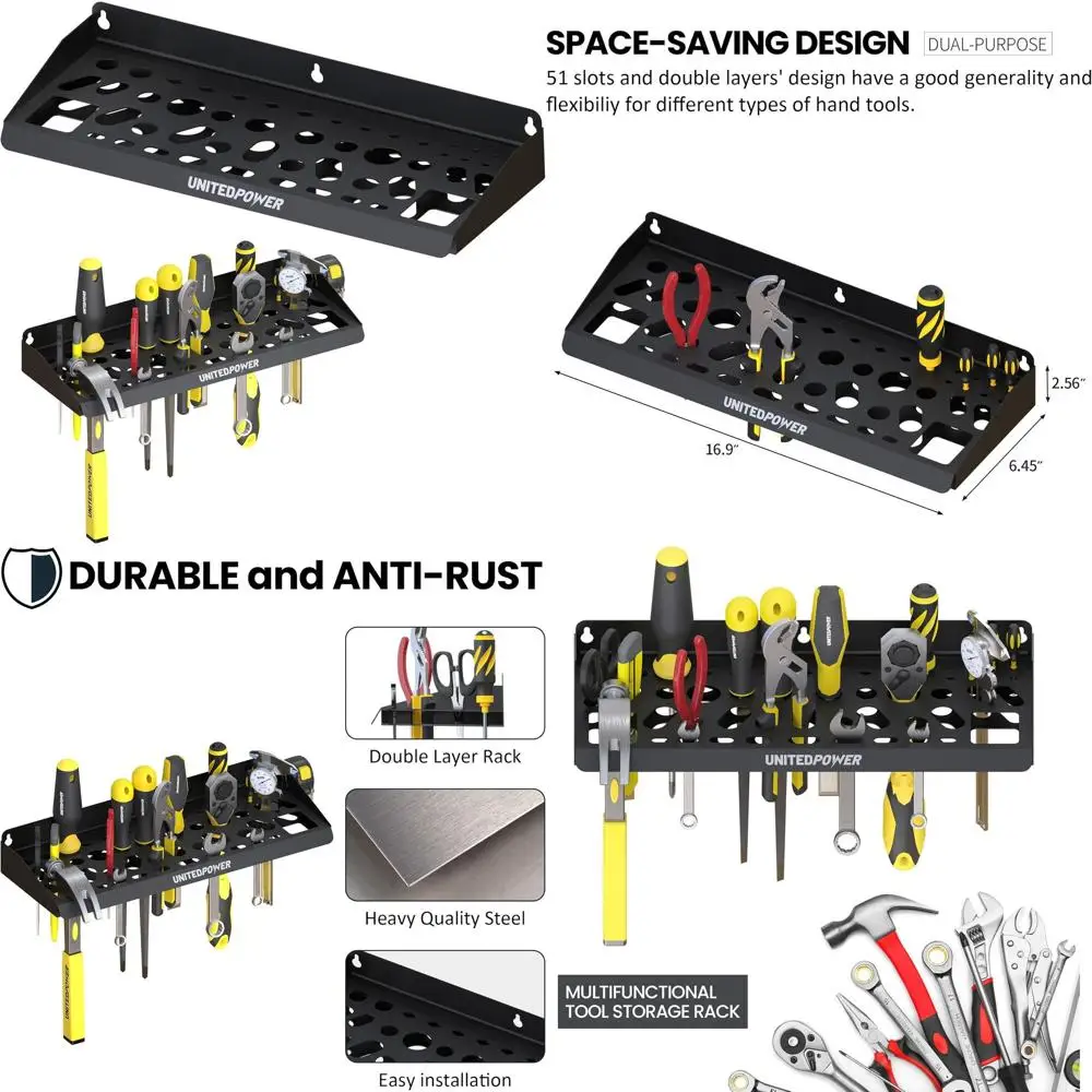 

UNITEDPOWER Wall Mount Tool Storage Rack, Screwdriver Holder, Pliers Organizer, Wrench Utility Shelf, 51 Holes for Variety of Sm