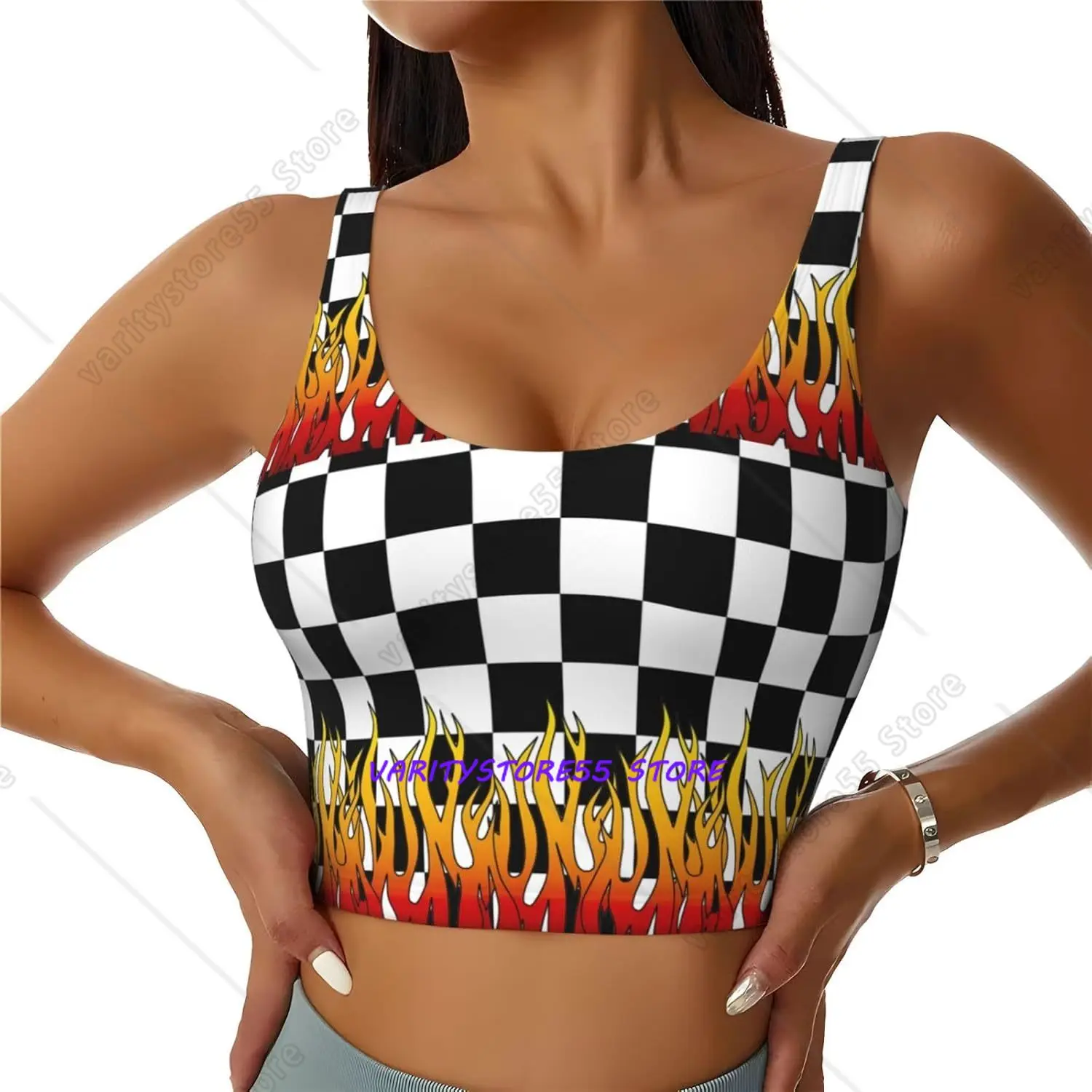 Checkerboard Flame Women's Sports Bras Yoga Crop Gym Tank Tops U Back Exercise Workout Top Removable Pads Fitness