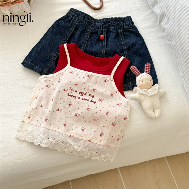 

Girls' Stylish Summer Outfit New Children's Floral Camisole Vest Inner Wear Toddler Short Skirt Three-Piece Set