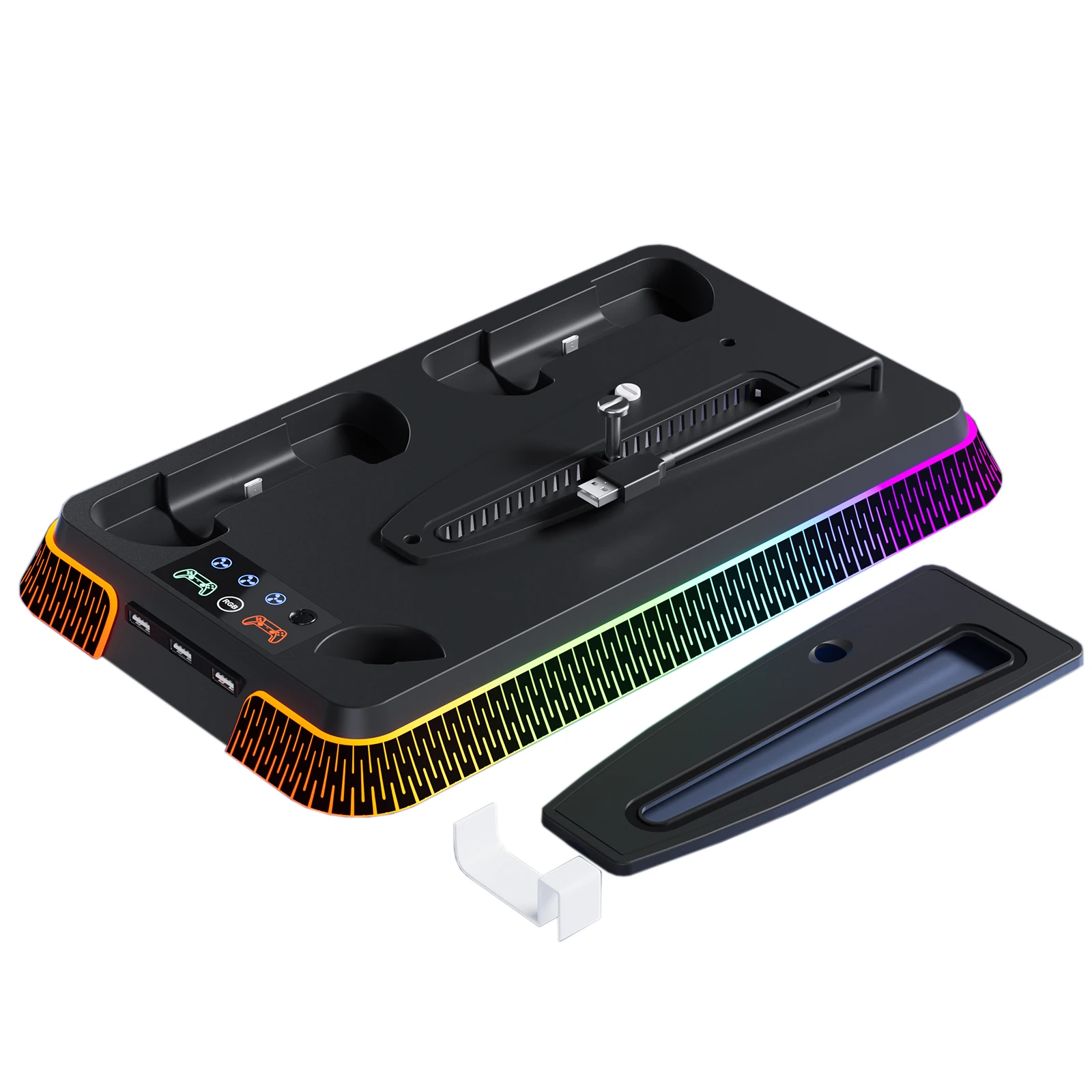 Cooling Station for PS5/PS5 Slim/PS5 Pro, YH66S Vertical RGB PS5 Cooling Stand with Controller Charging Dock, Headset Hook, USB