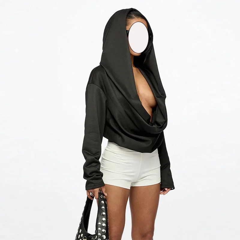 الأزياء الأوروبية الأمريكية مثير فضفاض عارضة الملابس النسائية بلون منخفضة الرقبة يتأرجح طوق بأكمام طويلة قصيرة مقنعين #2