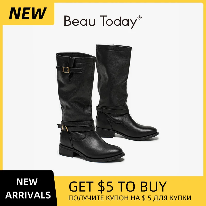 

BEAUTODAY Long Boots Women Sheepskin Leather Round Toe Double Buckle Strap Vintage Knight Boots Ladies Shoes Handmade 01707