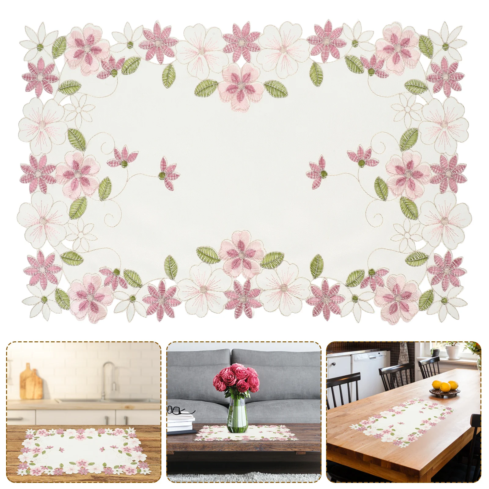 

2Pcs Rustic Tablecloth Set with Embroidered Vase Mats Elegant Hollow Design for Family Dinner Wedding Decoration Floral Satin