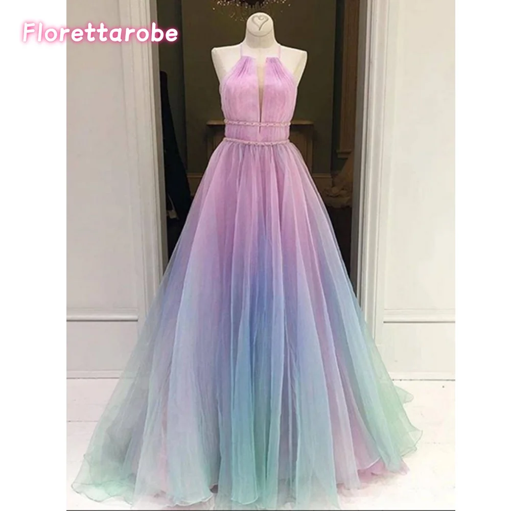 Customized New Women's Gradient Color Prom Dress  Halter Neck Open Back Sleeveless Evening Gowns Pleated Slim Maxi Dress Sexy