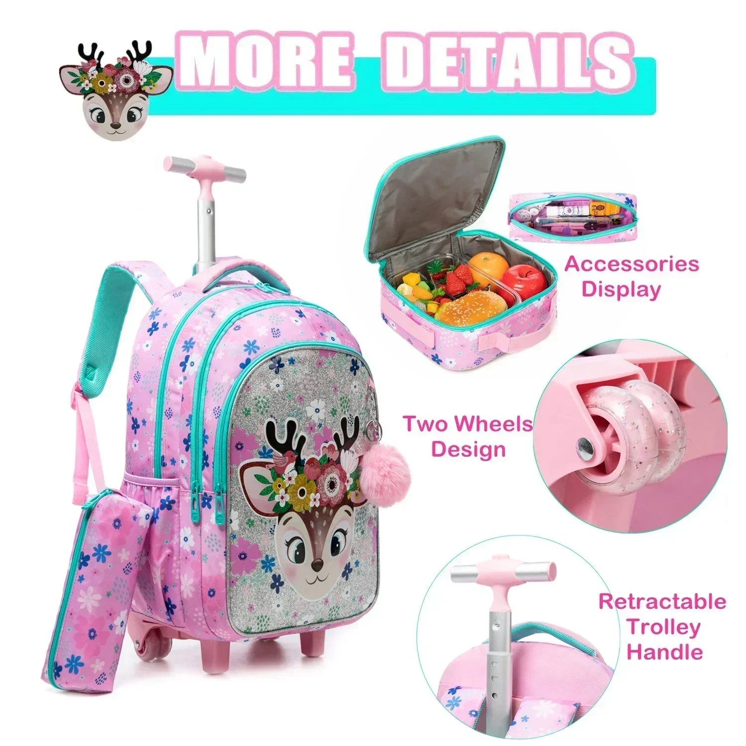 3PCS School Backpacks for Children School Wheeled Backpack for Girl Boys School Bag with Wheels Trolley Luggage Elementary Bag