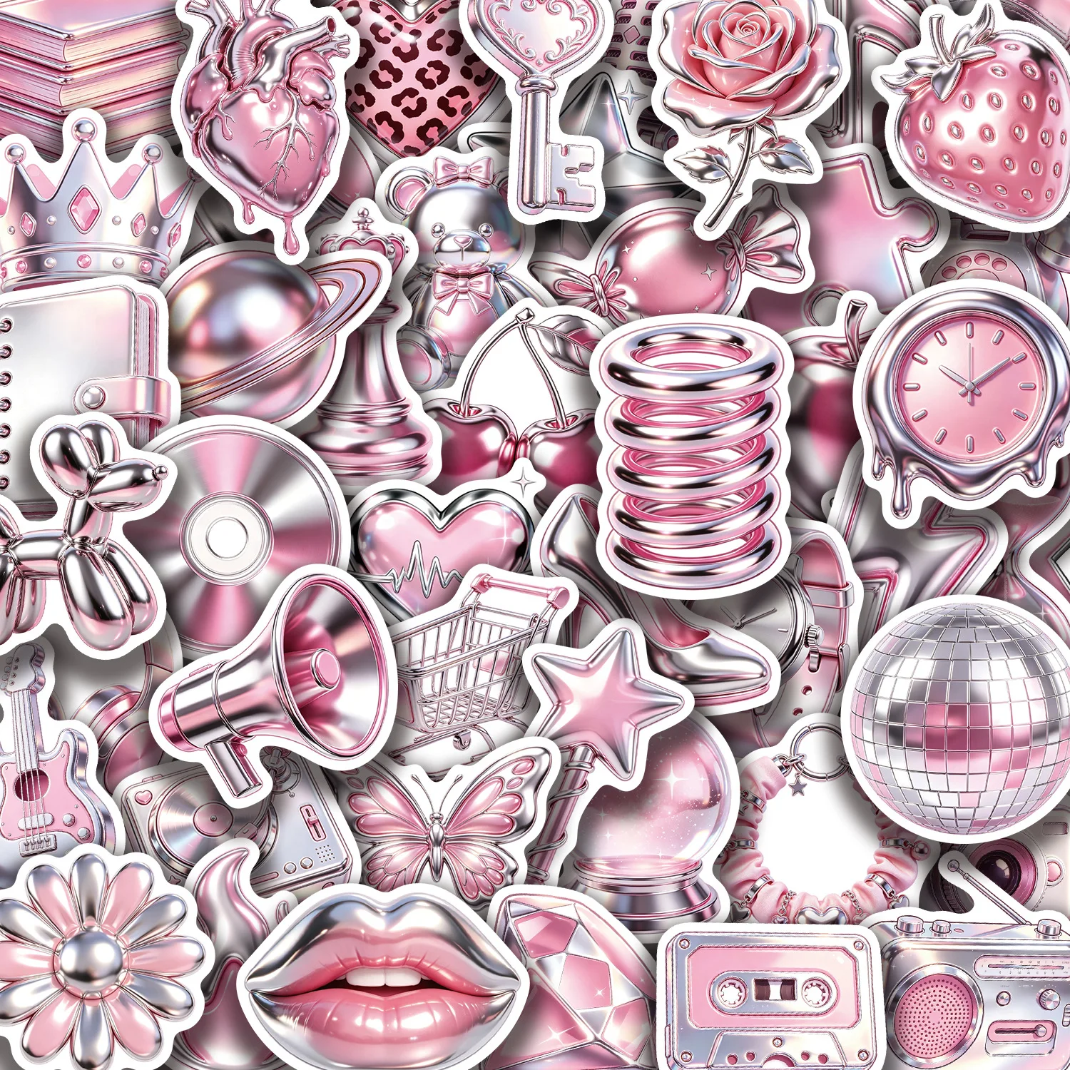 50PCS Cartoon Metallic Pink Y2K Exquisite Mix Match Stickers Pack Decorate Luggage Shoe Cabinet Helmet Scrapbook Removable Decal