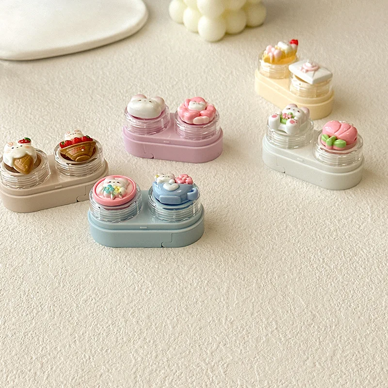 علبة عدسات لاصقة على شكل قطة كرتونية، صندوق عدسات لاصقة صغير محمول مع مجموعة عصا شفط الملقط، تخزين عدسات السفر للنساء والفتيات #4