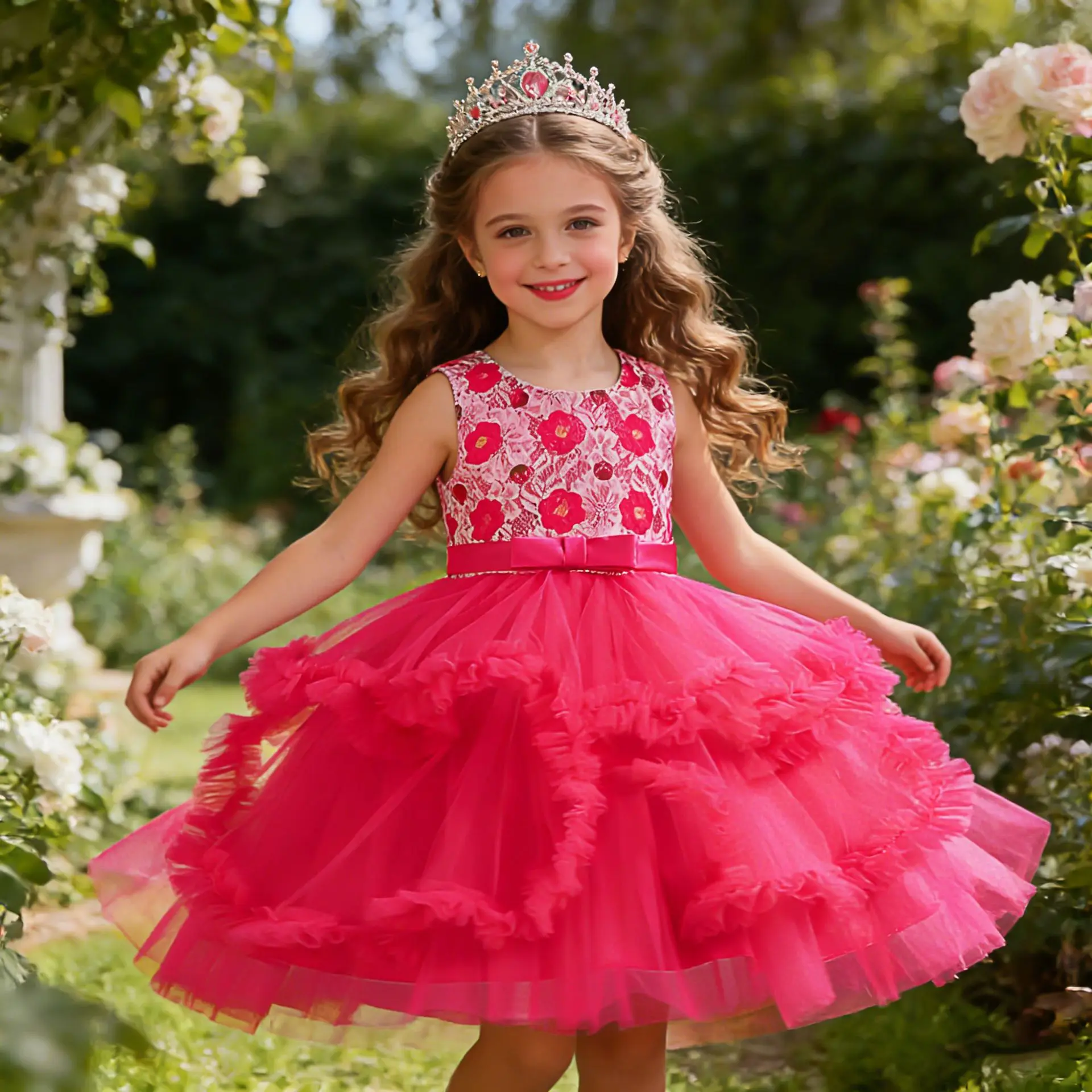 2026 New Princess Dress Girls' Tutu Dress Lace Bow Belt Ruffle Tiered Flower Girl Wedding Party Birthday Gown Kids 3-12 Years