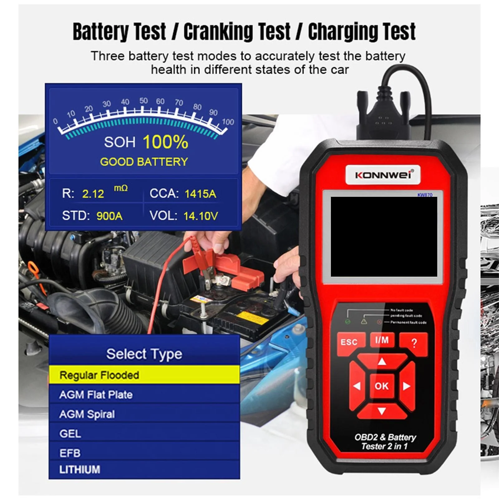 Professional KW870 OBD2 Scanner, Check Engine Code Reader Digital Battery Analyzer Fit for Car ATV SUV