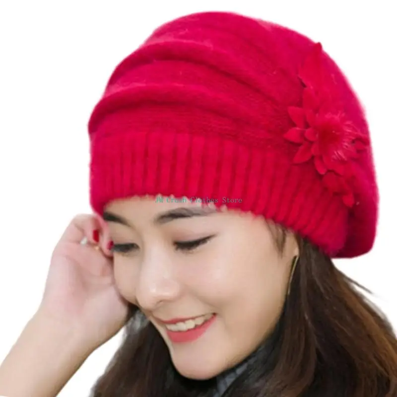 K1ME رشاقته فراء الأرانب محبوك Brimless زهرة الديكورات الشتاء قبعة يندبروف أغطية الرأس