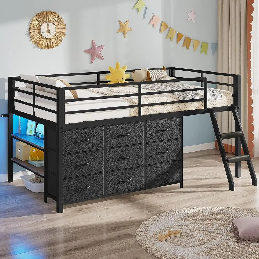 Low Lot Bed Twin Size with 9 Storage Ders, LED Lights Lot Bed | Twin Size Lot Bed, 2-Tier Storage Bookcase, RGB LED Lights, Meta