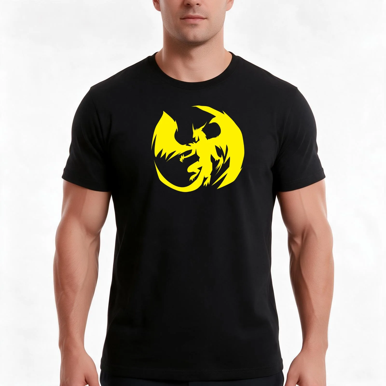 Silhouette Yellow Dragon T-Shirt, Summer Casual Cotton Tee, Oversized Streetwear Tops, Vintage Graphic Print, Unisex Men Women