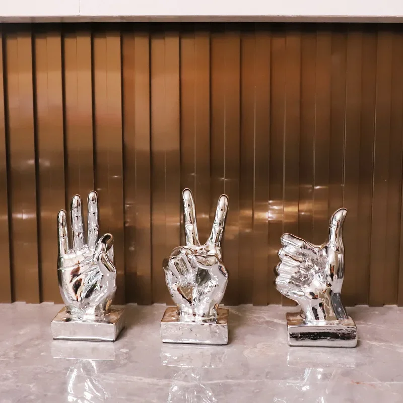 Resin Handicraft Silver Hand Gesture Palm OK Thumb Abstract Portrait Sculpture Decorative Figurines Home Decoration Accessories