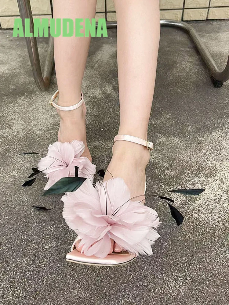

Feather Flower High-Heeled Sandals Fashionable New Style Feather Designer Style Open Toe Straight Strap Banquet Women's Shoes