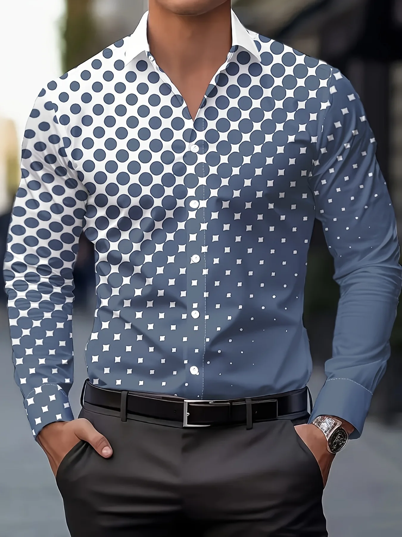 Trendy autumn and winter 3D printed men's simple and versatile striped design style men's slim fit casual lapel buckle comfortab