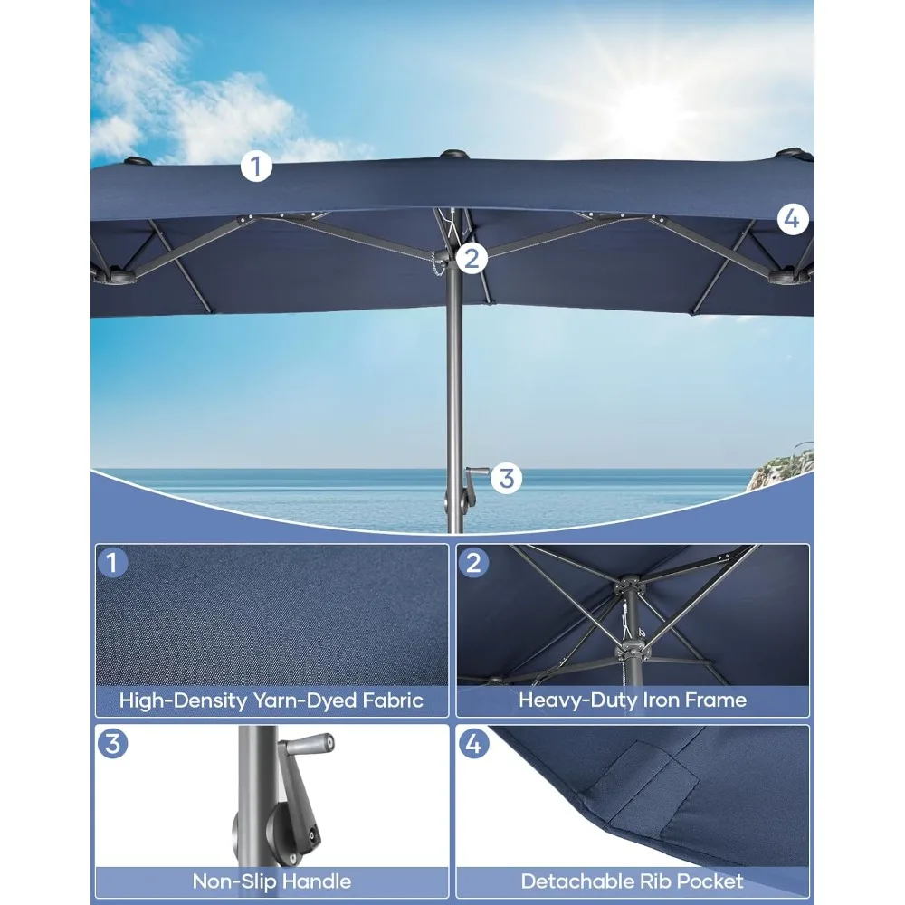 مظلة فناء كبيرة بطول 15 قدم، مع قاعدة متضمنة، مظلة سوق مستطيلة مزدوجة الجوانب للاستخدام الخارجي، مع مقبض كرنك