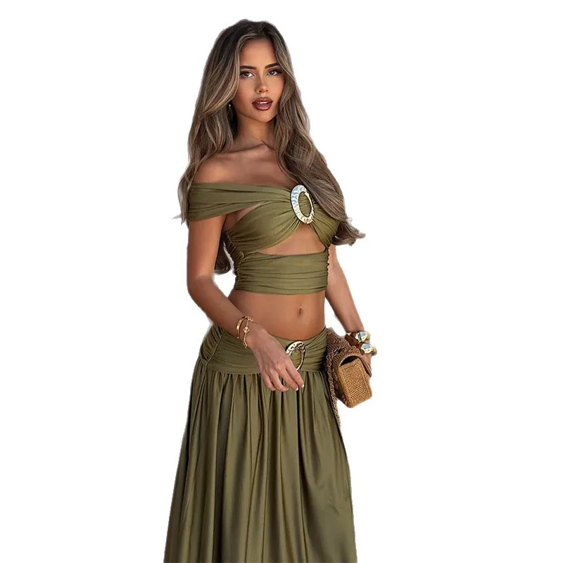 2026 Womens Off Shoulder Ring Cutout Crop Top High Waist Ruched Maxi Skirt Two Piece Sexy Summer Beach Vacation Matching Outfit
