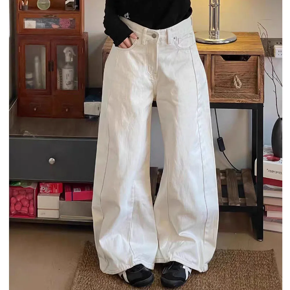 

Осень 202, женские винтажные белые джинсы Y2k 2000-х годов, прямые широкие джинсовые брюки с высокой талией, уличная мода, женские брюки
