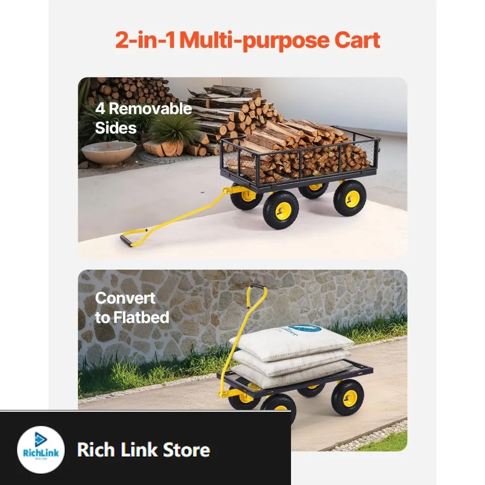 

Heavy Duty Steel Garden Cart, 900 LBS Garden Wagon Carts Outdoor Yard Utility Wagon with Steel Mesh Removable Sides and 10" Whe