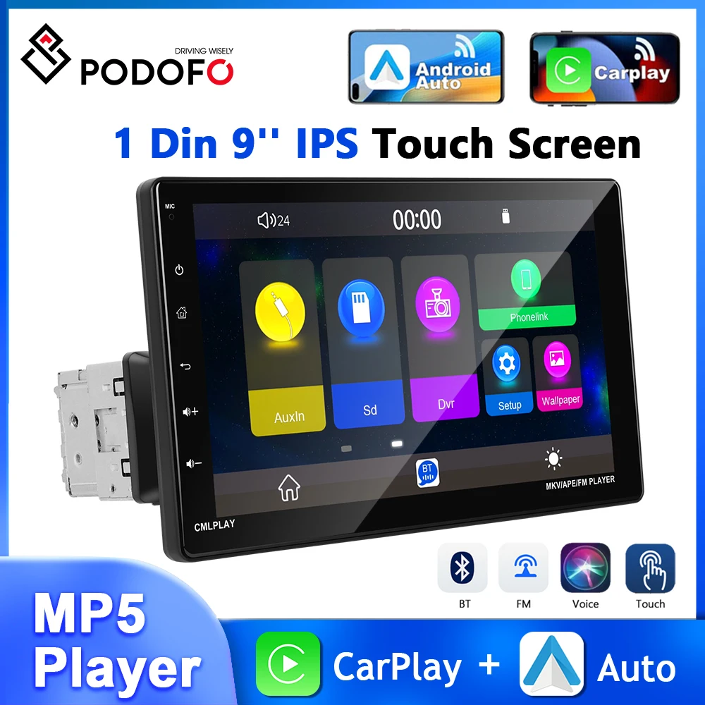 

Podofo 9'' IPS Touch Screen Carplay Android Auto 1 Din MP5 Player Bluetooth Mirror Link EQ FM Multimedia Player 1din Car Radio